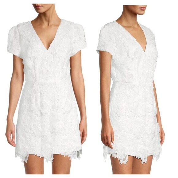 NEW Milly Atalie 3D Floral Lace Dress V-Neck Puff Sleeve in White Women's 0 - Picture 1 of 11